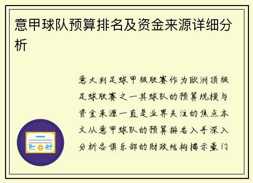 意甲球队预算排名及资金来源详细分析